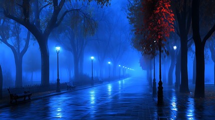 A foggy blue pathway illuminated by street lamps at dusk