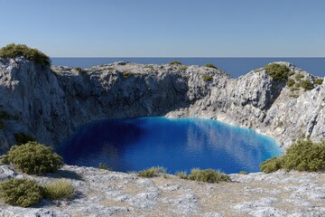Coastal crater lake, serene blue water, rocky cliffs