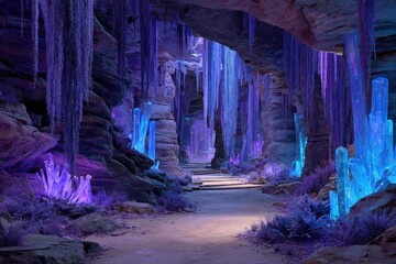 Magical cave passageway, vibrant purple-blue crystals