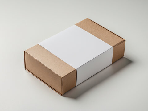 Cardboard box with a blank white paper sleeve for branding. Packaging mockup for a gift or shipping product.