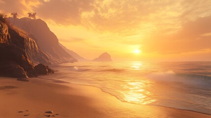 3D render of a golden sunrise illuminating a tranquil tropical beach with cliffs and ocean.