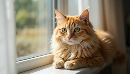 A cute white kitten with green eyes sitting on a window sill looking outside