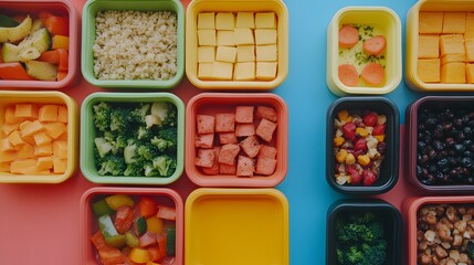 Photograph of colorful, segmented food containers arranged on pink and blue backgrounds.
