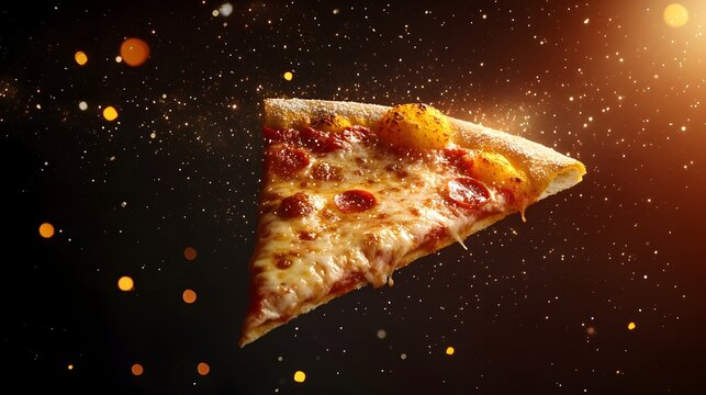 Digital illustration of a pepperoni pizza floating in a star-filled cosmic background.