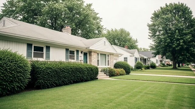 A quiet suburban street with classic American ranch style homes. Neighborhood with green lawns and mature trees on a cloudy day.