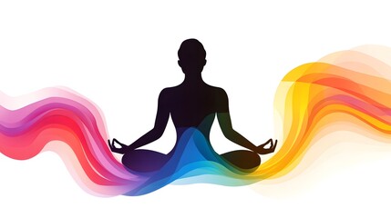 Digital illustration of a black silhouette in a lotus pose with colorful, flowing wave gradients.