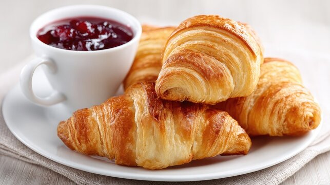Freshly baked croissants stacked beside a cup of jam on a white plate - Powered by Adobe