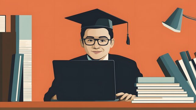 Digital illustration depicts a smiling man in a graduation cap and glasses working on a laptop amidst books.