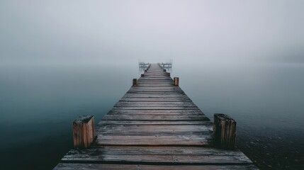 Fototapeta premium Wooden pier extending into misty lake, creating a tranquil background for meditation