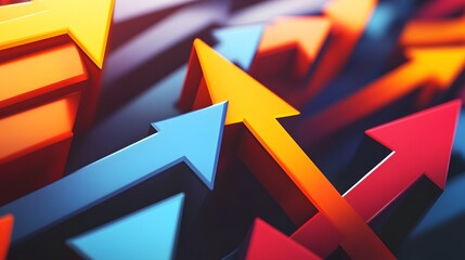 3D render of overlapping, brightly colored arrows in red, orange, and blue against a dark background.