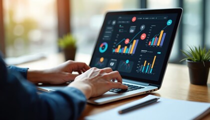 Person analyzes social media metrics on laptop screen displaying graphs, charts, icons. Engagement, communication, performance statistics visible on dashboard. Business strategy, data analysis,