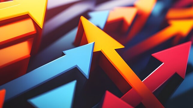 3D render of overlapping, brightly colored arrows in red, orange, and blue against a dark background.