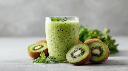 Glass of kiwi smoothie surrounded by fresh kiwi slices and mint sprigs on a white surface