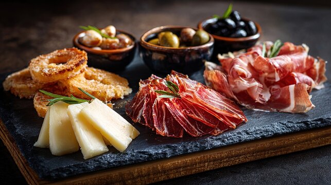 Appetizing charcuterie board featuring cured meats, cheese, olives, and fried dough - Powered by Adobe