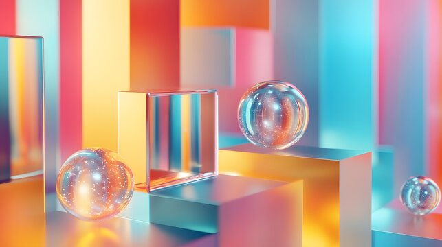3D render of translucent cubes and spheres suspended on colorful vertical stripes.