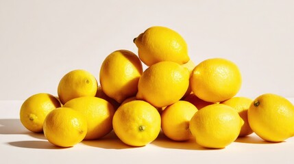 Golden-yellow lemons stacked and scattered across a bright white surface