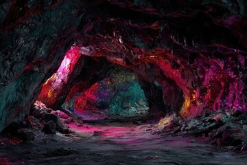 Vibrant cave interior, glowing rocks