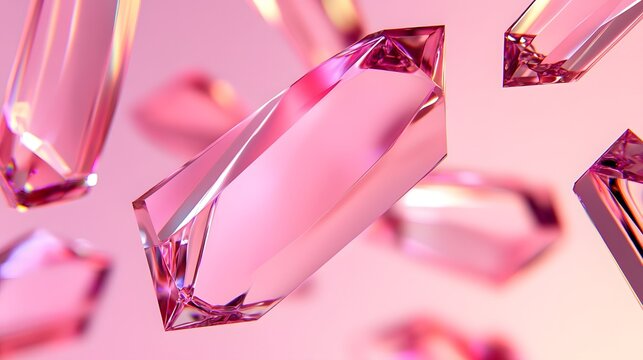 3D render of translucent pink crystals floating against a solid pink background.