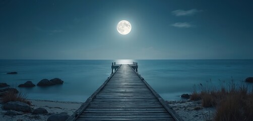 Wooden pier extends into calm ocean under bright full moon. Serene night landscape features dark water, sandy shore with rocks, and clear sky with faint stars. Tranquil, peaceful atmosphere.