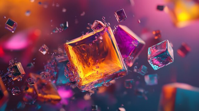 3D render of floating, translucent cubes within a vibrant, abstract purple and orange nebula effect.