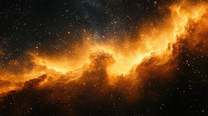Fototapeta premium Fiery orange nebula in deep space with scattered stars.