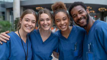 A group of four smiling healthcare professionals stands together, showcasing camaraderie and joy.