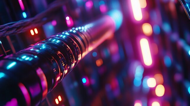 Data transmission through network cables with blinking lights in a secure server room representing data communication