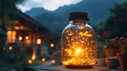 A glass jar glows warmly with captured fireflies on a rustic wooden table outdoors at twilight, led within a tranquil scene of nature and blossoming flowers.