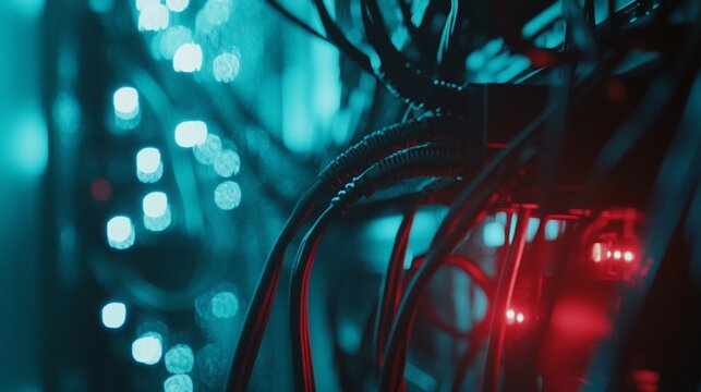 Data cables and blinking server lights in a secure server room showcasing technology and network infrastructure