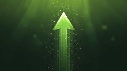 Digital illustration of a bright green arrow with sparkling trails ascending against a dark background.