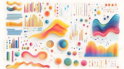 Digital illustration of a complex, abstract composition featuring layered shapes, gradients, and data visualizations.