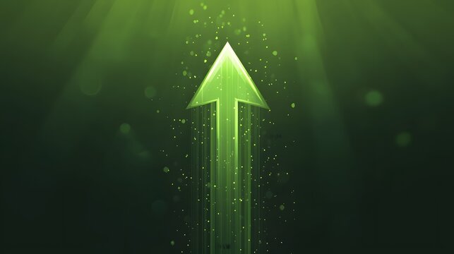 Digital illustration of a bright green arrow with sparkling trails ascending against a dark background.