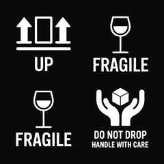 Black and White Packaging Symbols Handle with Care, Do Not Drop, Fragile, and This Side Up