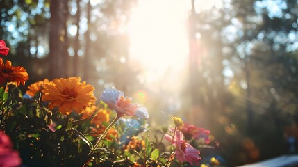 Colorful flowers in a garden bathed in sunlight.
