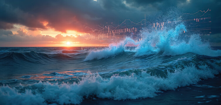 Turbulent ocean waves crash against shore at sunset, overlaid with digital financial graphs, data. Dynamic imagery intersection of nature, technology, finance, representing market volatility,
