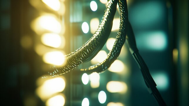 Close-up view of network cables with blinking lights in a secure server room environment