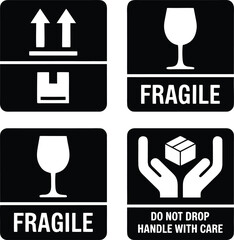 Black and White Shipping and Handling Symbols This Way Up, Fragile, Handle with Care