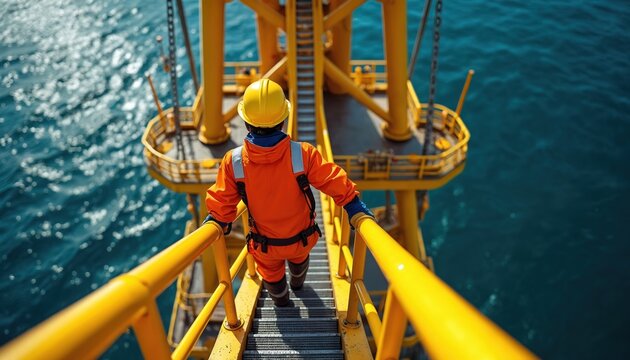 Worker in orange uniform, yellow helmet climbs metal stairs on offshore oil rig. Blue ocean surrounds industrial platform. Man performs maintenance, inspection on high tower. Safety harness secures