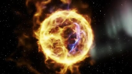 Abstract orange sun-like star with blue streaks in space, astronomy concept