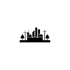 Fototapeta premium Vector art of eco city skyline silhouette with wind turbines and trees isolated on white background
