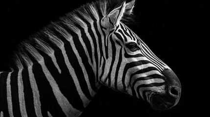 Zebra's majestic head in monochrome stark stripes and graceful lines against black