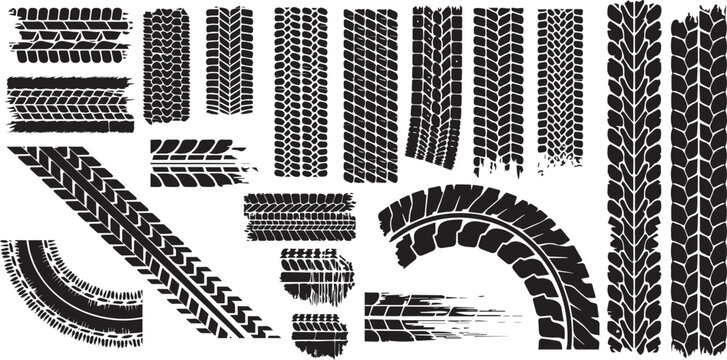 Tire tread marks, isolated wheel texture, tire marks - drift, rally, races, off-road, motocross. Vector isolated texture with grunge effect, splashes. Black monochrome tread prints. Vector graphic set