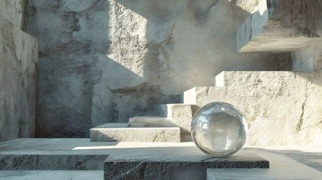 3D render of a minimalist interior featuring a sphere on a stepped, textured concrete platform.