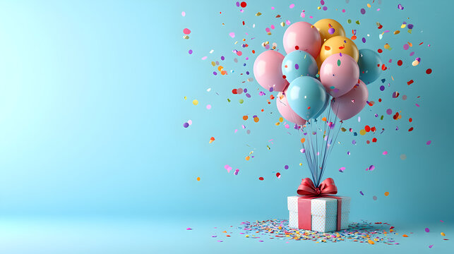 Exciting 50-year milestone celebration with surprise balloons exploding from a present box, ideal for greeting cards, digital invitations, and special event marketing
