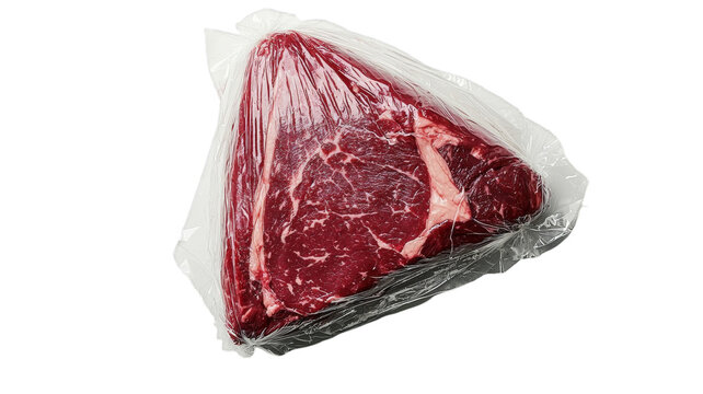 Fresh raw t-bone steak wrapped in clear plastic ready for cooking and grilling on transparent background