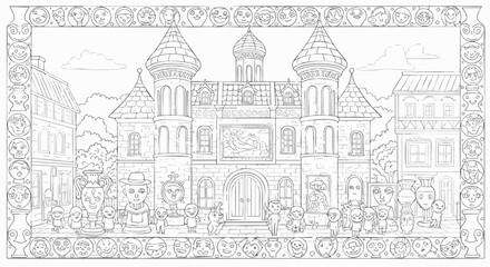 Vector outline of a large medieval castle with whimsical figures and a decorative border, coloring page design 78.