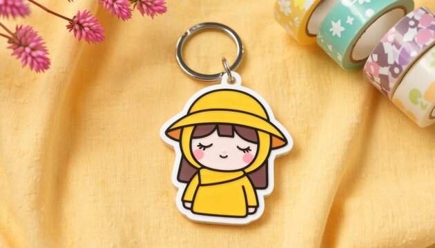 Charming yellow character keychain studio setup product photography cozy environment close-up view playful concept