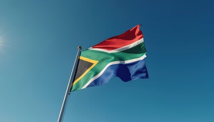 South African flag flutters against a clear blue sky on a sunny day, symbolizing pride and oneness. The national emblem, with its vibrant colours and recognizable design, waves gently in the breeze.
