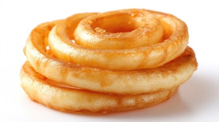 Fototapeta premium Stack of golden onion rings arranged in a spiral on clean white