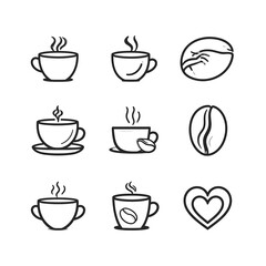 Coffee themed line art icon set representing drink, beans and heart love